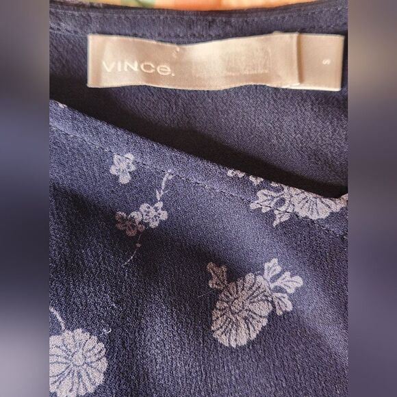 VINCE SP Coastal Navy Blue Calico Floral Print 100%SILK Cami Slip Midi Dress - Picture 11 of 13